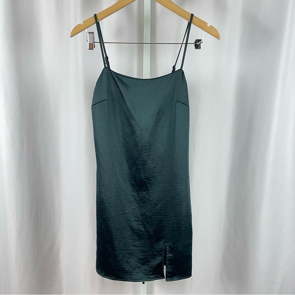 Kendall & Kylie XS Deep Green Silk Slip Slit Mini Dress Square Neckline
